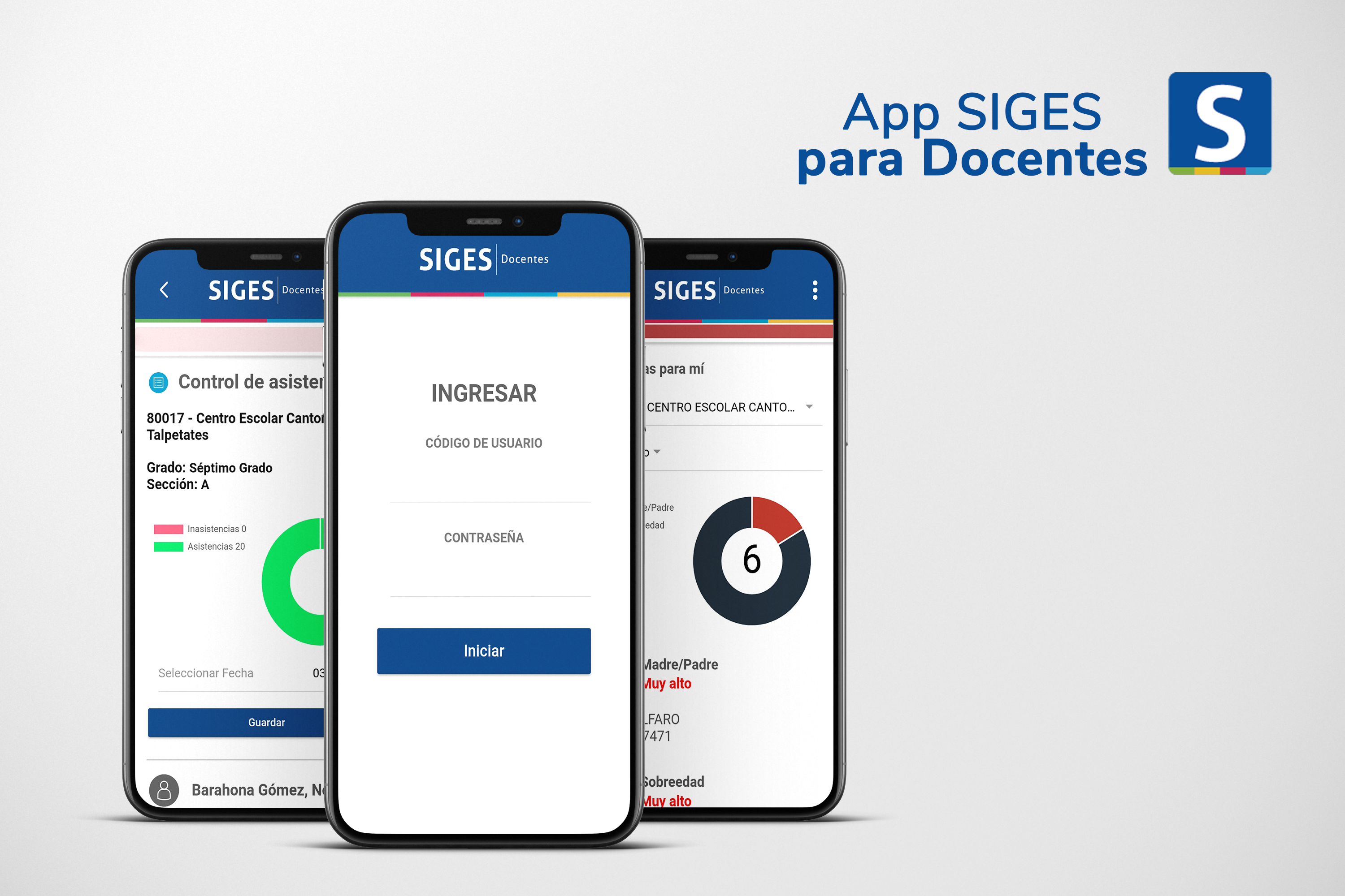 Pantallas de celulares con la App SIGES Docentes